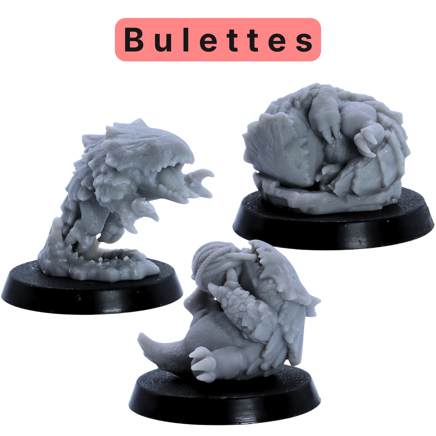 Unpainted bulette miniatures from the Baby Dragons and Monsters set, including burrowing and curled monster poses.
