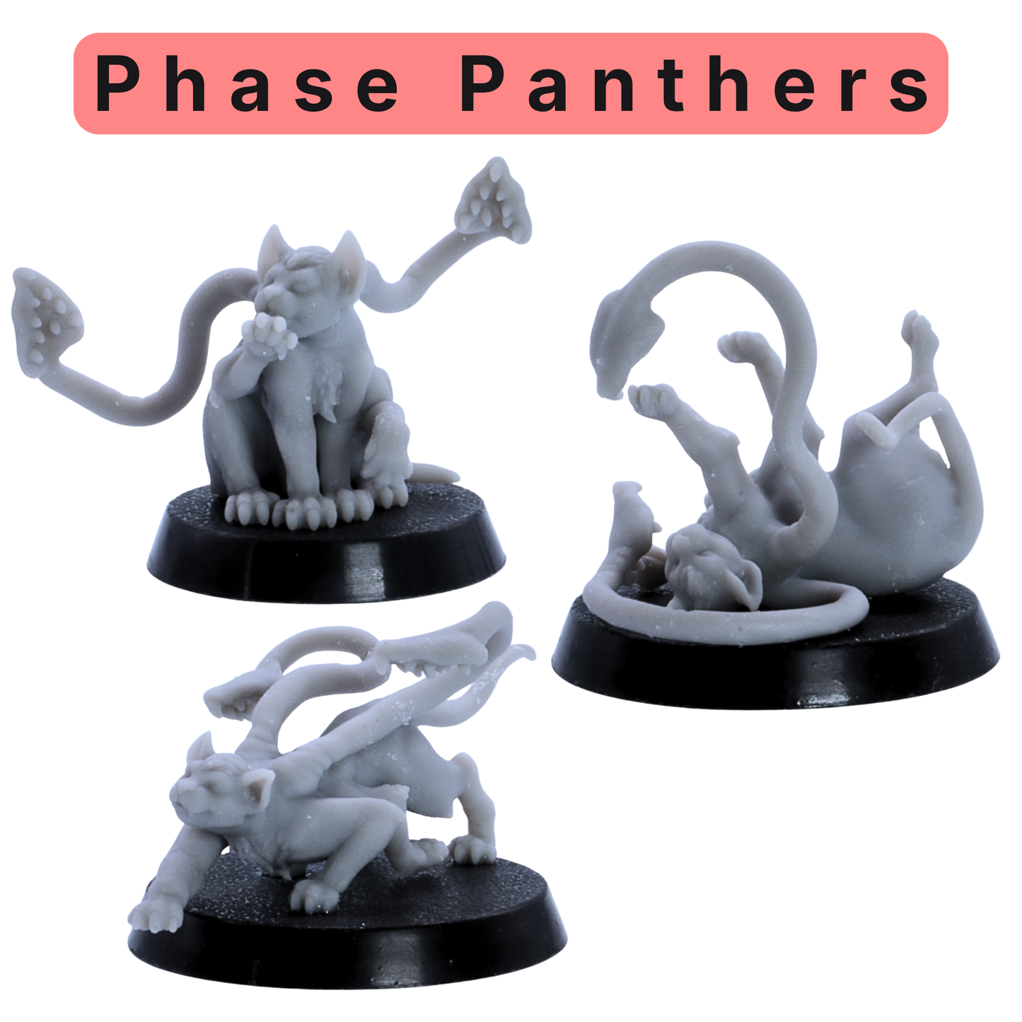 Unpainted phase panther miniatures from the Baby Dragons and Monsters set showing playful cat-like fantasy creatures with tentacle details.