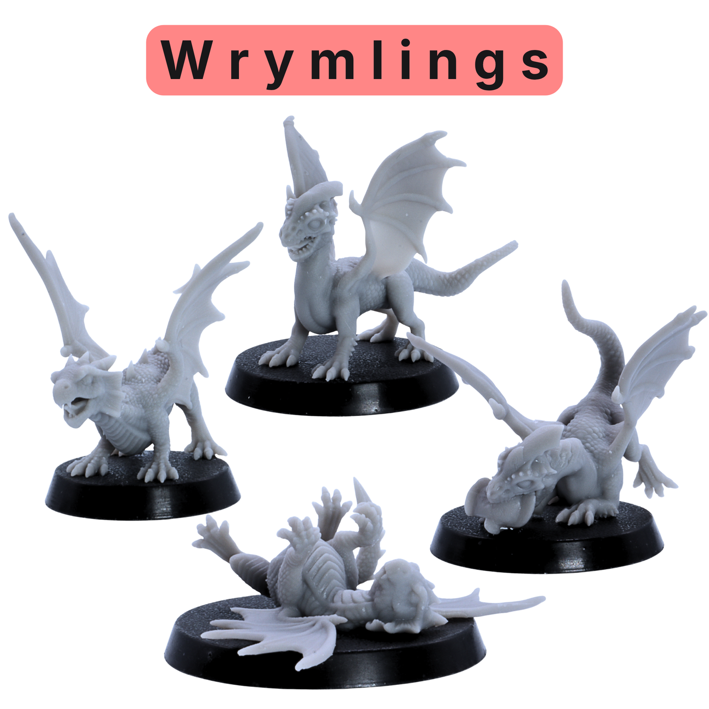 Unpainted wyrmling miniatures from the Baby Dragons and Monsters set, showing small winged dragon poses on round bases.
