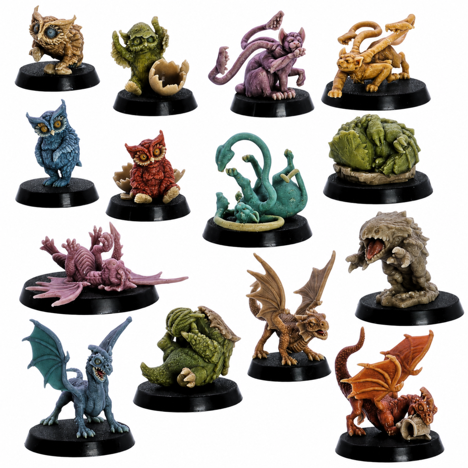 Painted Baby Dragons and Monsters miniature set by Epic Miniatures showing fourteen colorful fantasy creatures on round bases.