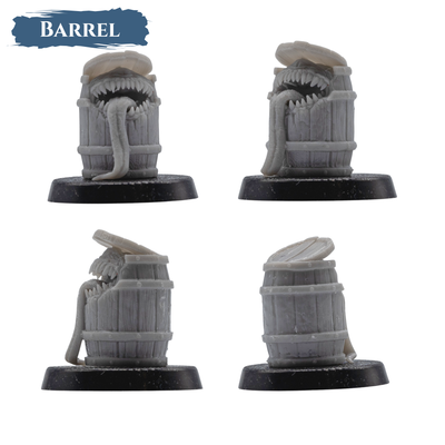 Multiple angles of the Barrel Mimic with a hinged lid, large mouth, sharp teeth, and long tongue.
