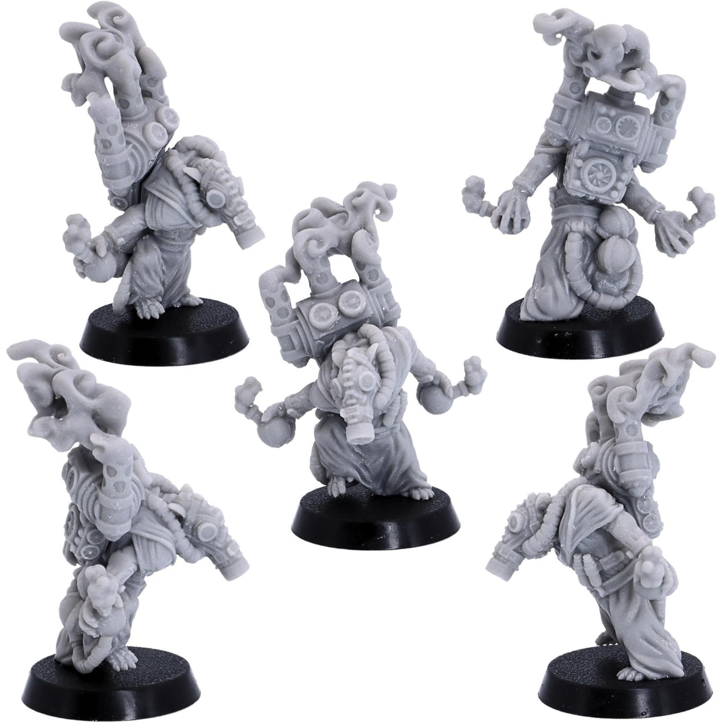 Five fantasy rat alchemist miniatures in individual character poses