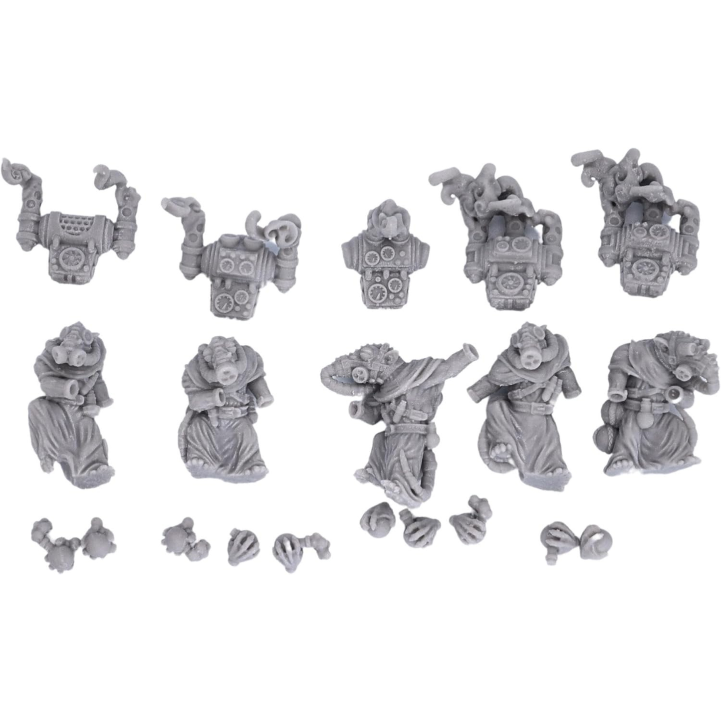 Battle Alchemist Rats miniature components showing separate bodies backpacks and accessories