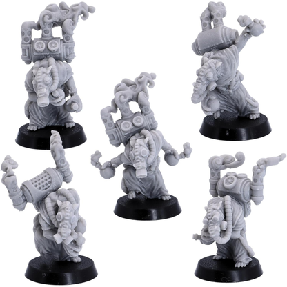Five Battle Alchemist Rats shown from the front on 25mm round bases