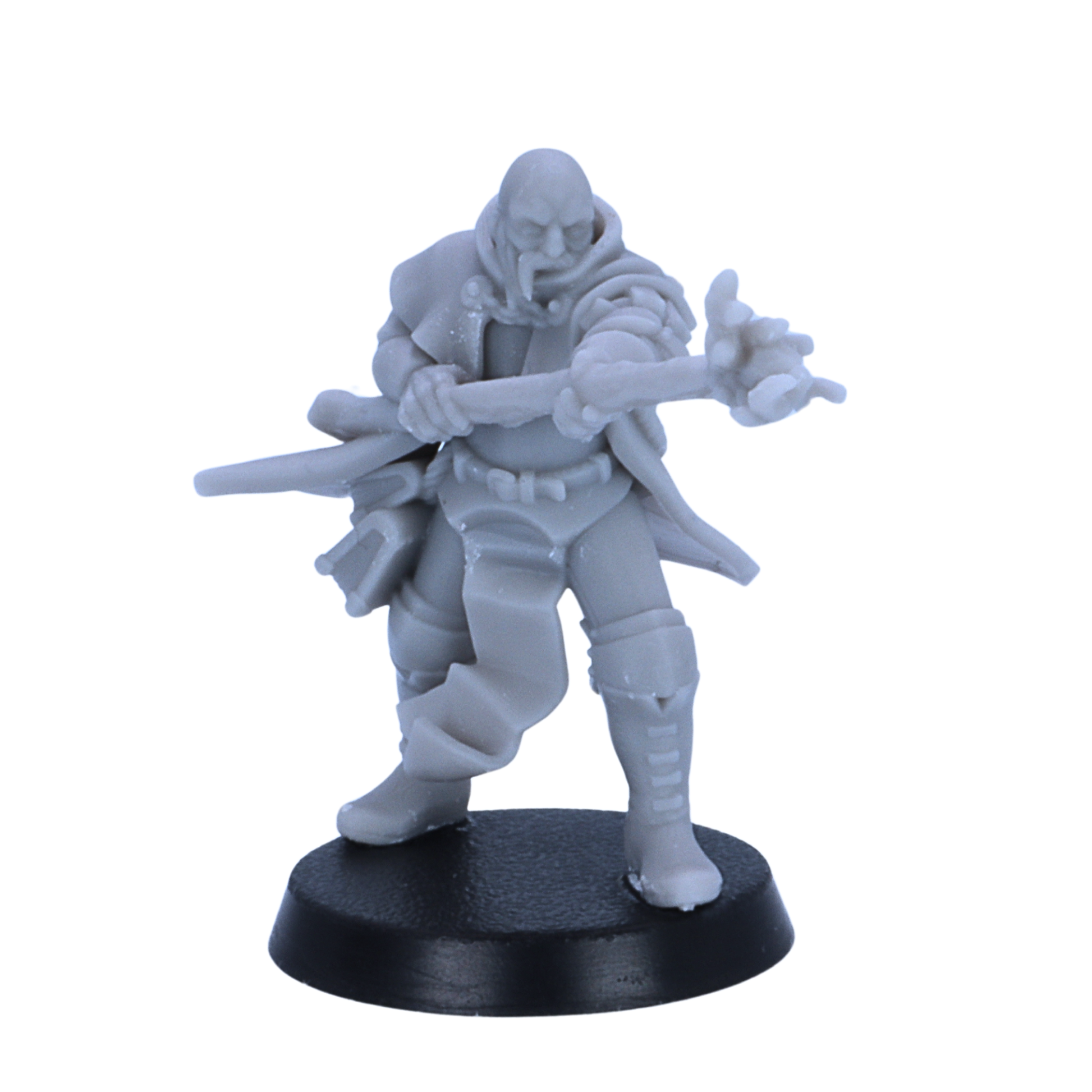 Unpainted battle mage miniature by Highlands Miniatures holding a sword and casting spell effects on a round base.