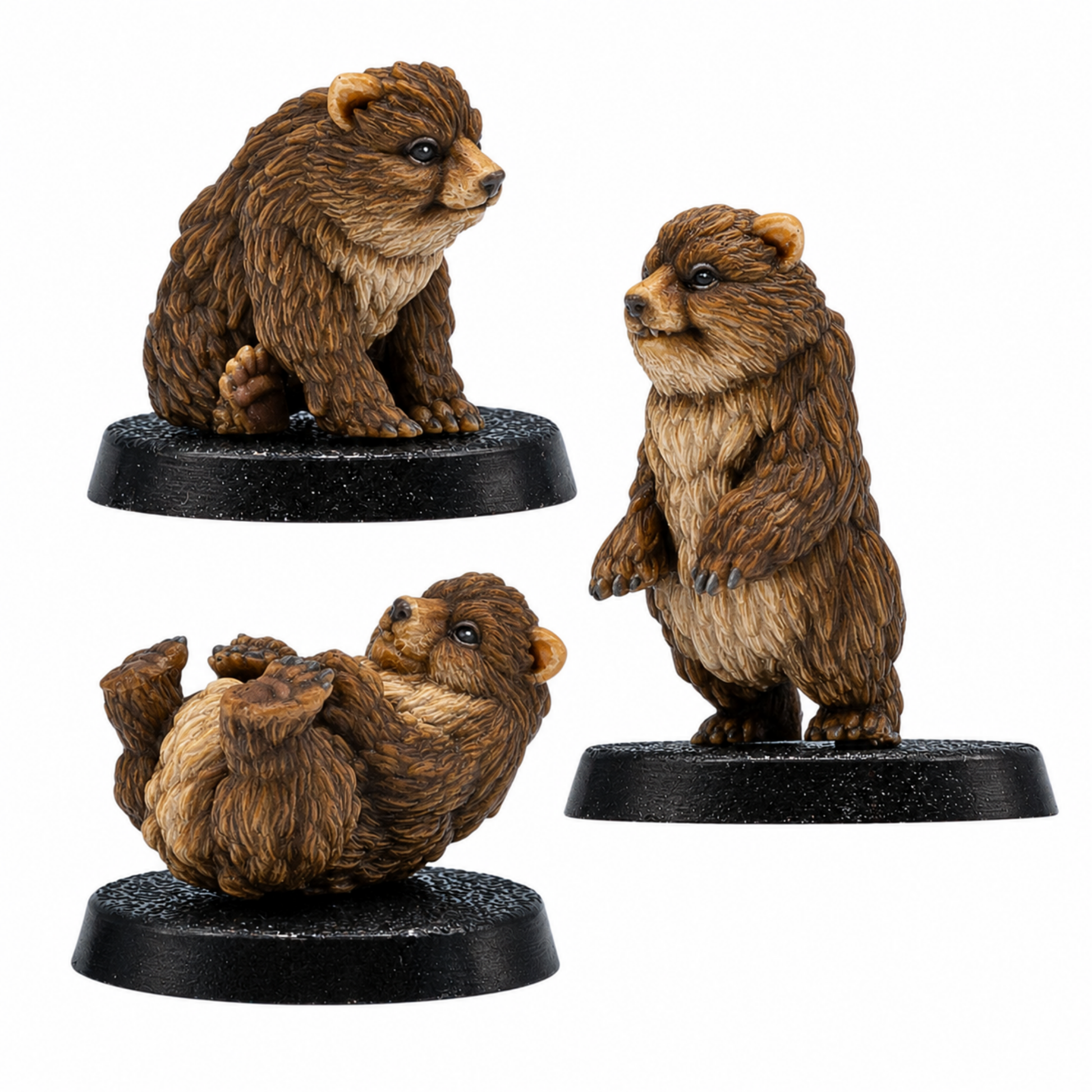 Painted Bear Cub Familiars by Forged Path Miniatures showing three cute bear cub miniatures on 25mm round bases.