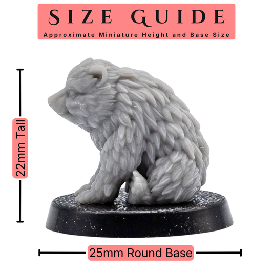 Size guide for Bear Cub Familiars by Forged Path Miniatures showing a 22mm tall bear cub on a 25mm round base.