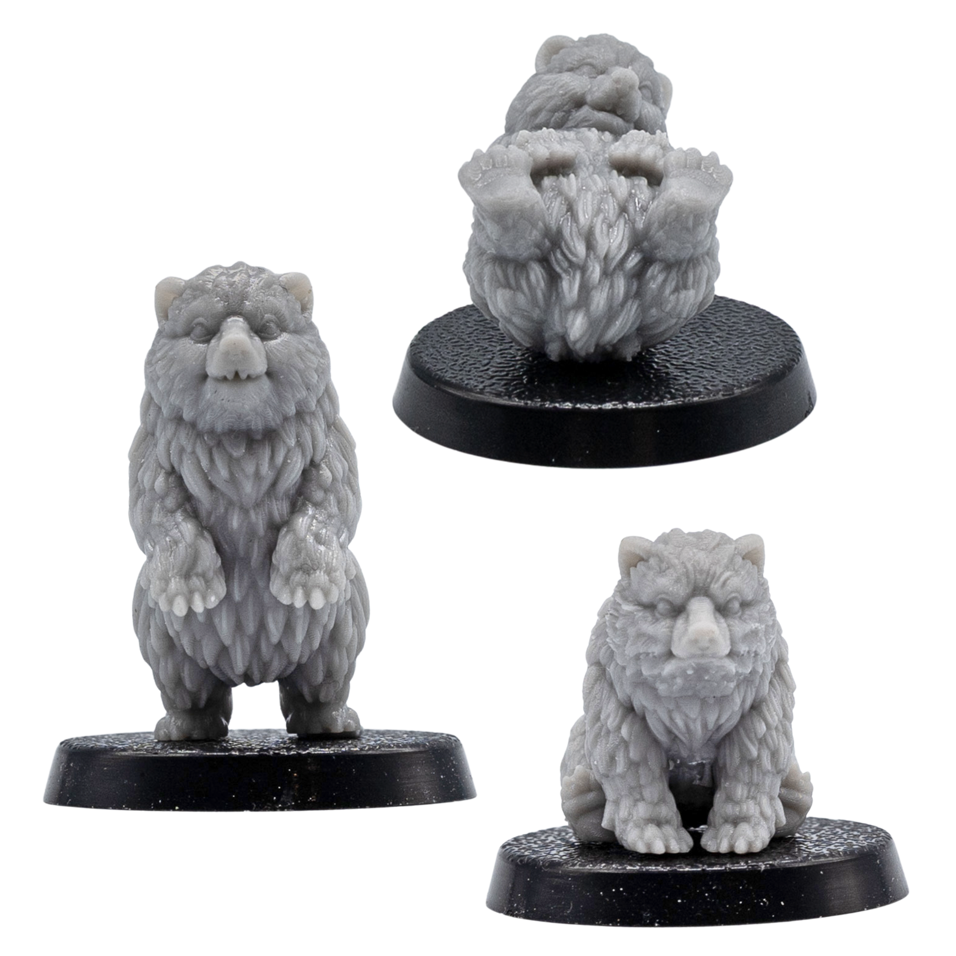 Front and rear views of the unpainted Bear Cub Familiars by Forged Path Miniatures on 25mm round bases.