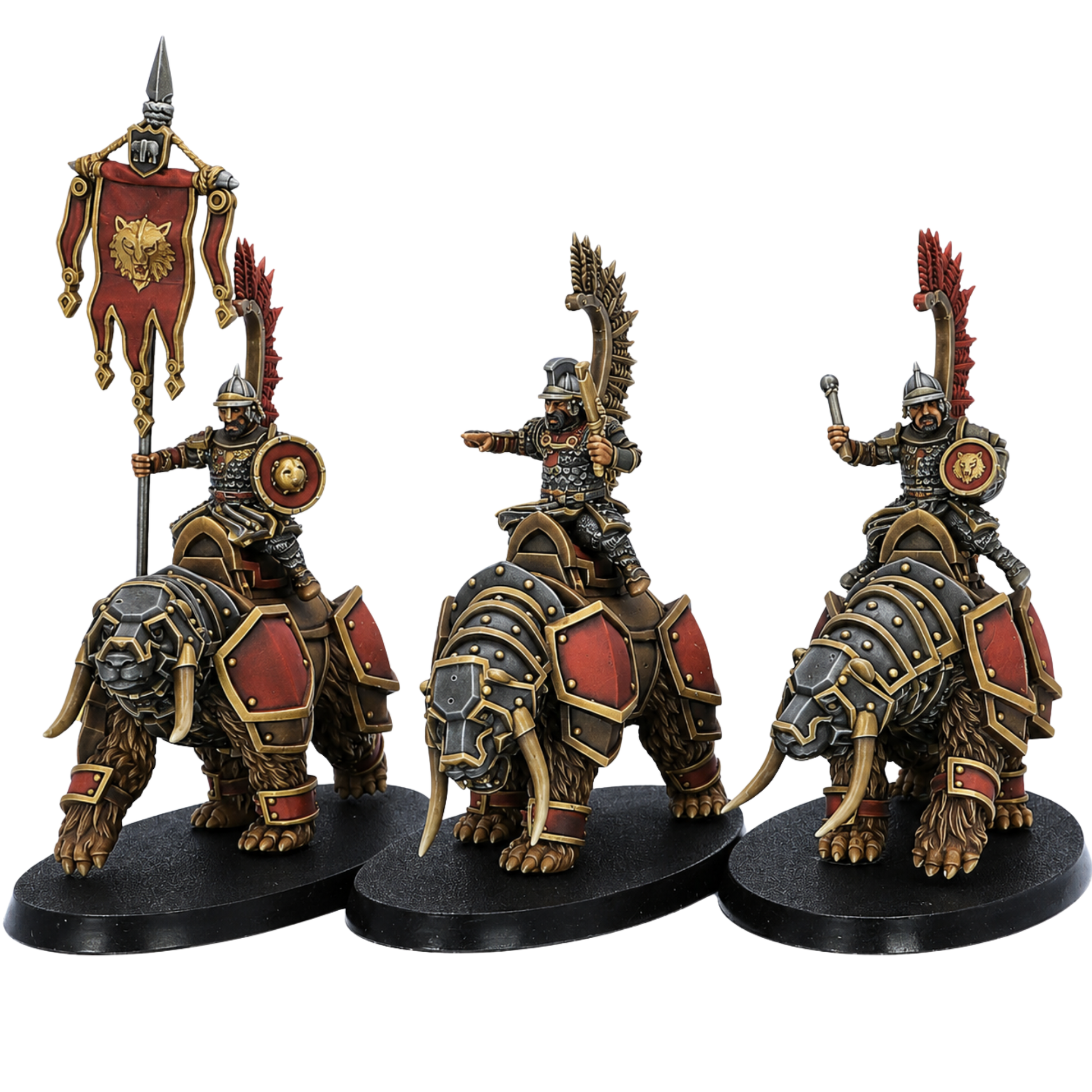 Painted Bear Riders set by Kyoushuneko Miniatures showing three armoured warriors mounted on war bears.