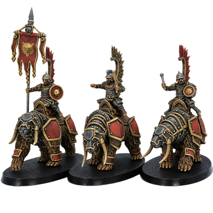 Painted Bear Riders set by Kyoushuneko Miniatures showing three armoured warriors mounted on war bears.