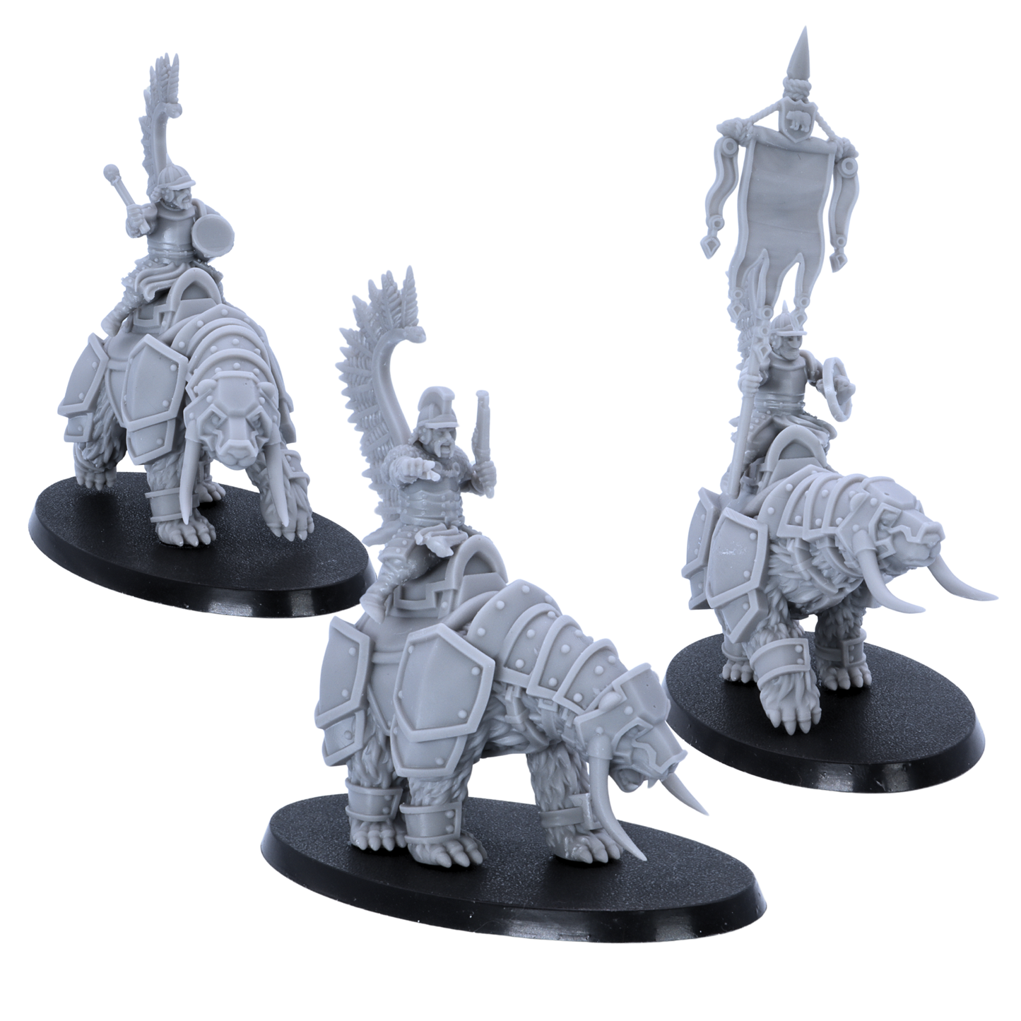 Unpainted fantasy Bear Riders with armoured bear mounts and mounted warrior riders.