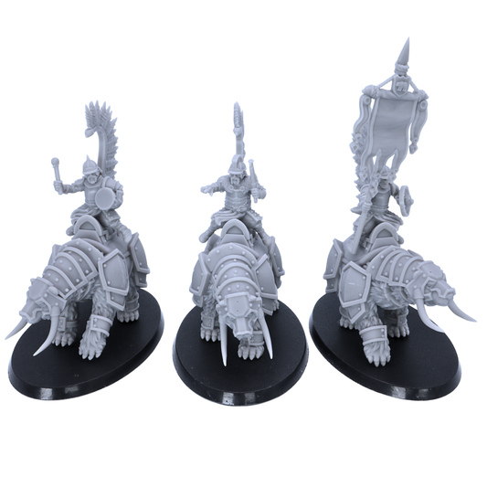 Unpainted Bear Riders miniatures showing three mounted warriors on armoured bear mounts.