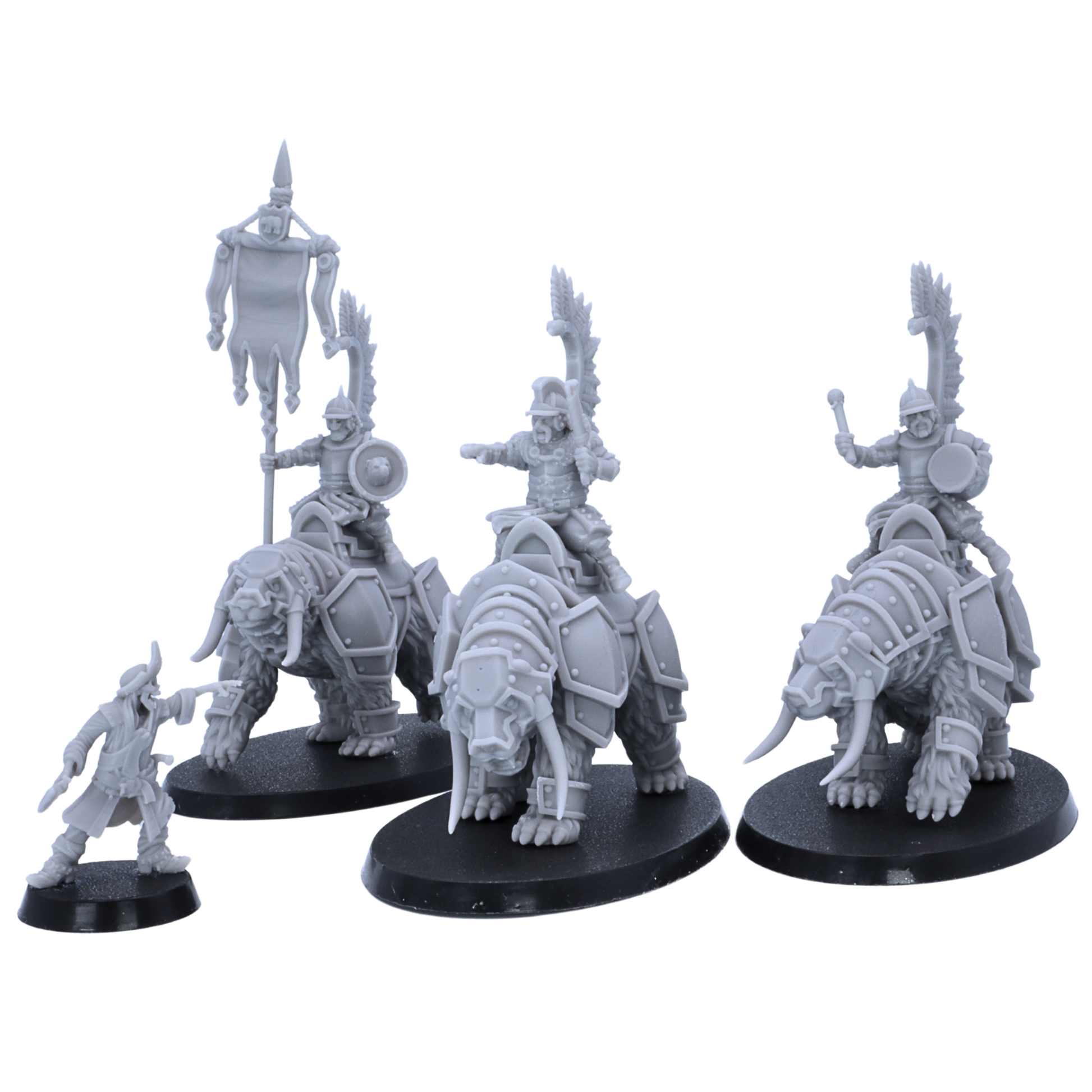 Angled view of unpainted Bear Riders set showing three large mounted cavalry miniatures.