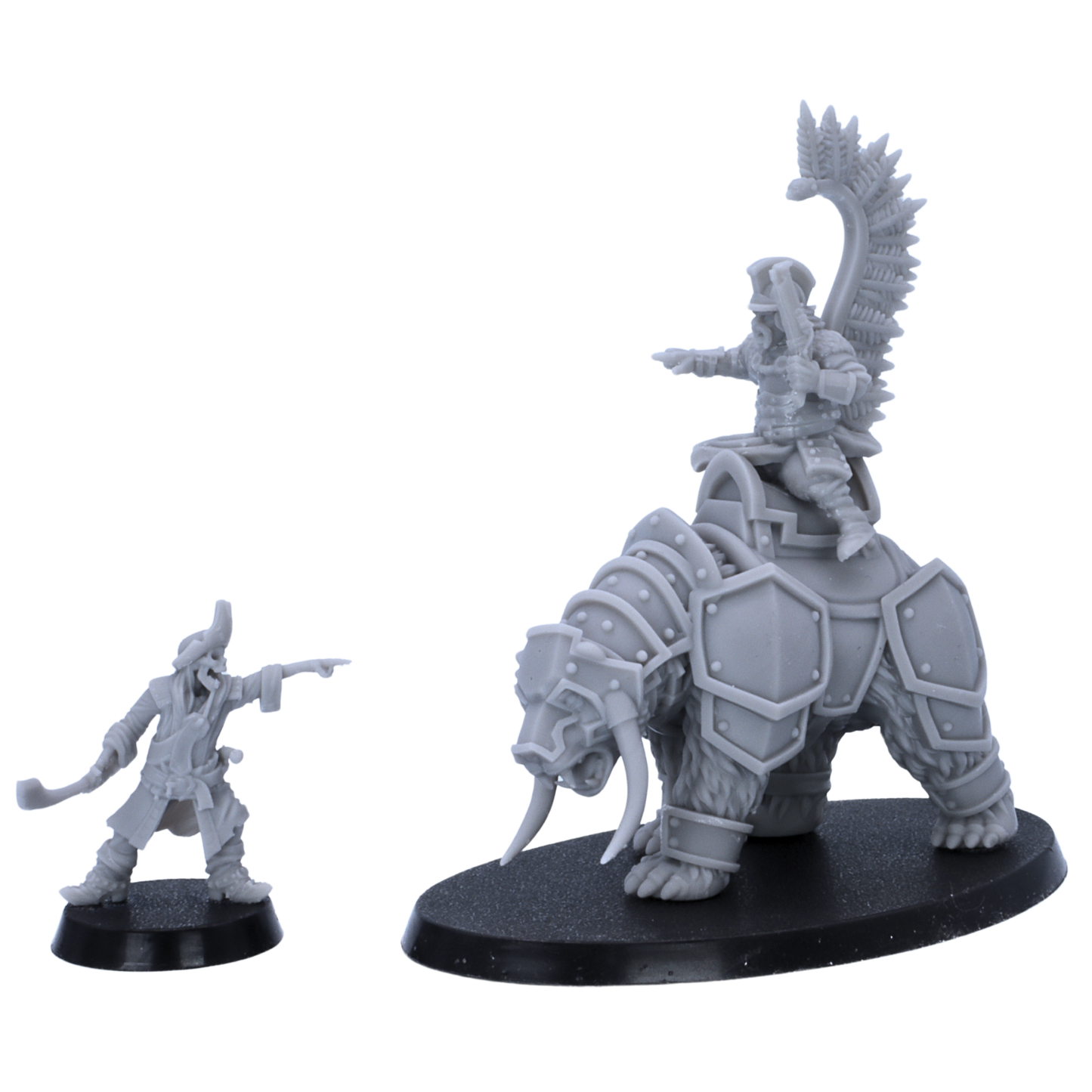 Bear Rider miniature shown beside a standing character miniature for 32mm scale comparison.