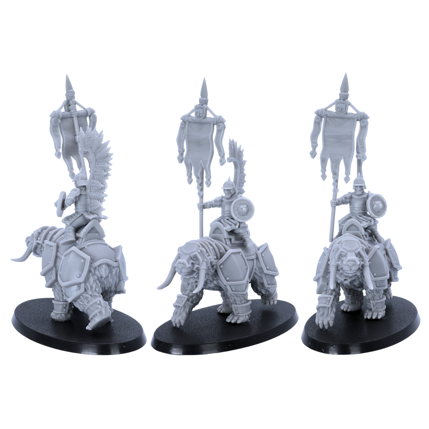 Unpainted Bear Riders miniatures shown from side angles with banners, shields, and bear armour details.
