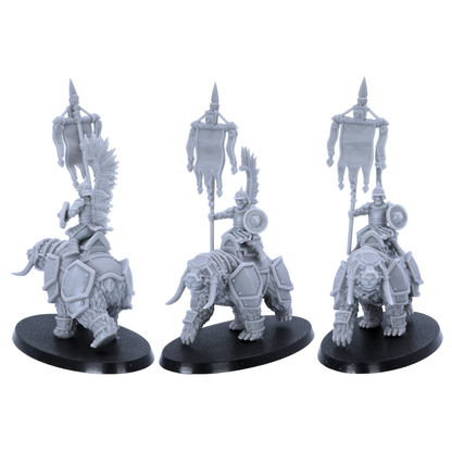 Unpainted Bear Riders miniatures shown from side angles with banners, shields, and bear armour details.
