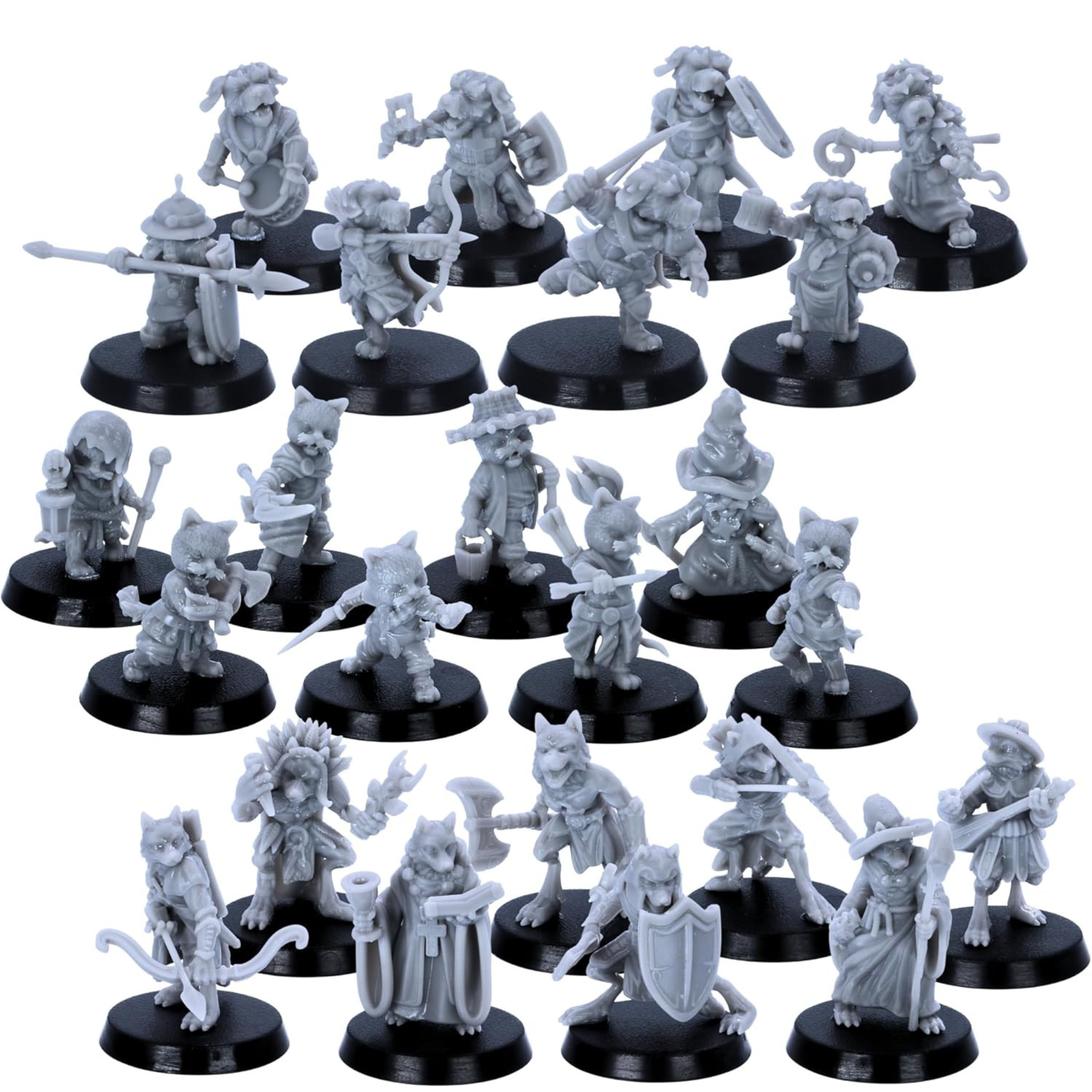 Unpainted BeastKin set of 24 fantasy animal folk miniatures on round bases