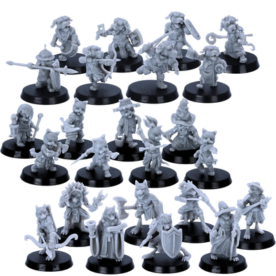 Unpainted BeastKin set of 24 fantasy animal folk miniatures on round bases
