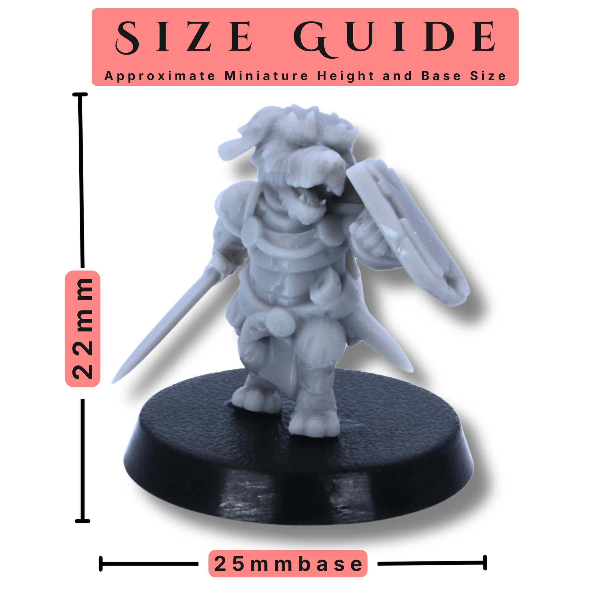 BeastKin miniature size guide showing approximately 28mm scale with 25mm round base