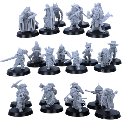BeastKin animal folk adventuring party miniatures shown together on 25mm round bases