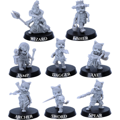 BeastKin feline fantasy characters including wizard rogue archer fighter and adventurer miniatures