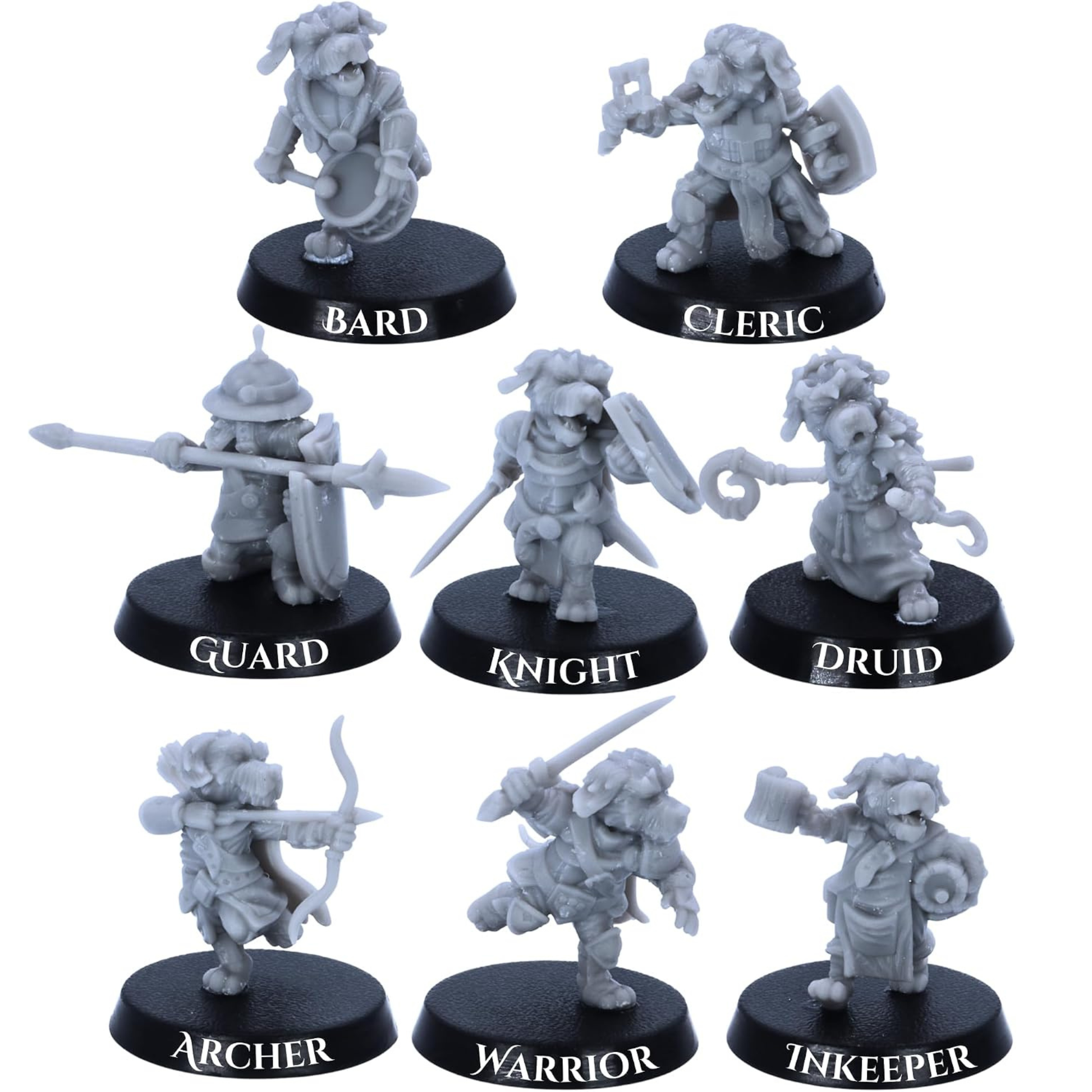 BeastKin canine fantasy characters including bard cleric guard knight druid archer warrior and innkeeper