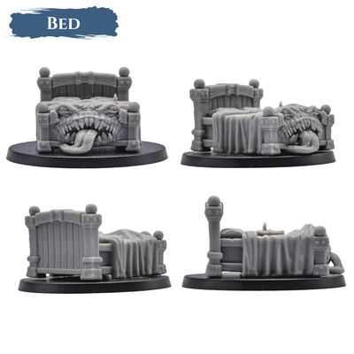 Multiple angles of the Bed Mimic featuring a monstrous mouth hidden within the bed frame and hanging covers.