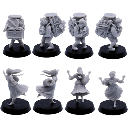 Seated beggar and standing villager miniatures shown from multiple angles.