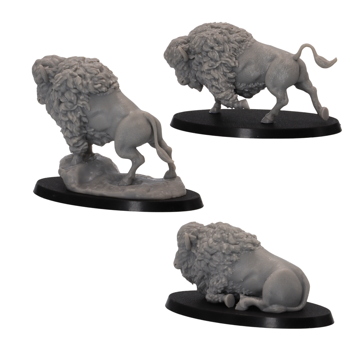 Rear view of three Bison miniatures showing detailed fur and different poses