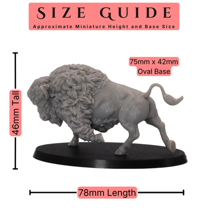 Bison miniature size guide showing approximately 46mm height and 75x42mm oval base