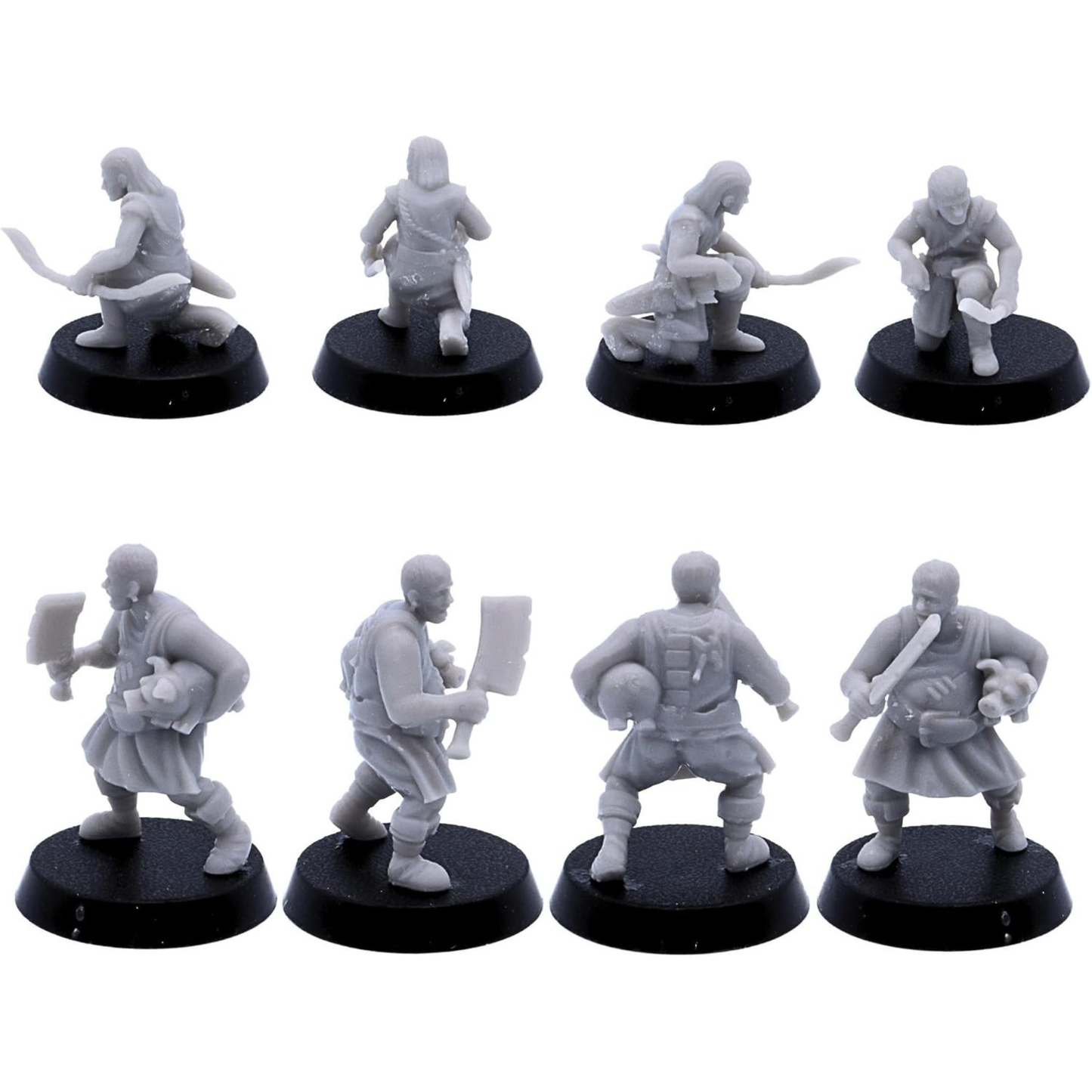 Blacksmith and farm worker miniatures carrying traditional tools and equipment.