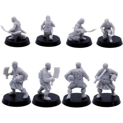 Blacksmith and farm worker miniatures carrying traditional tools and equipment.