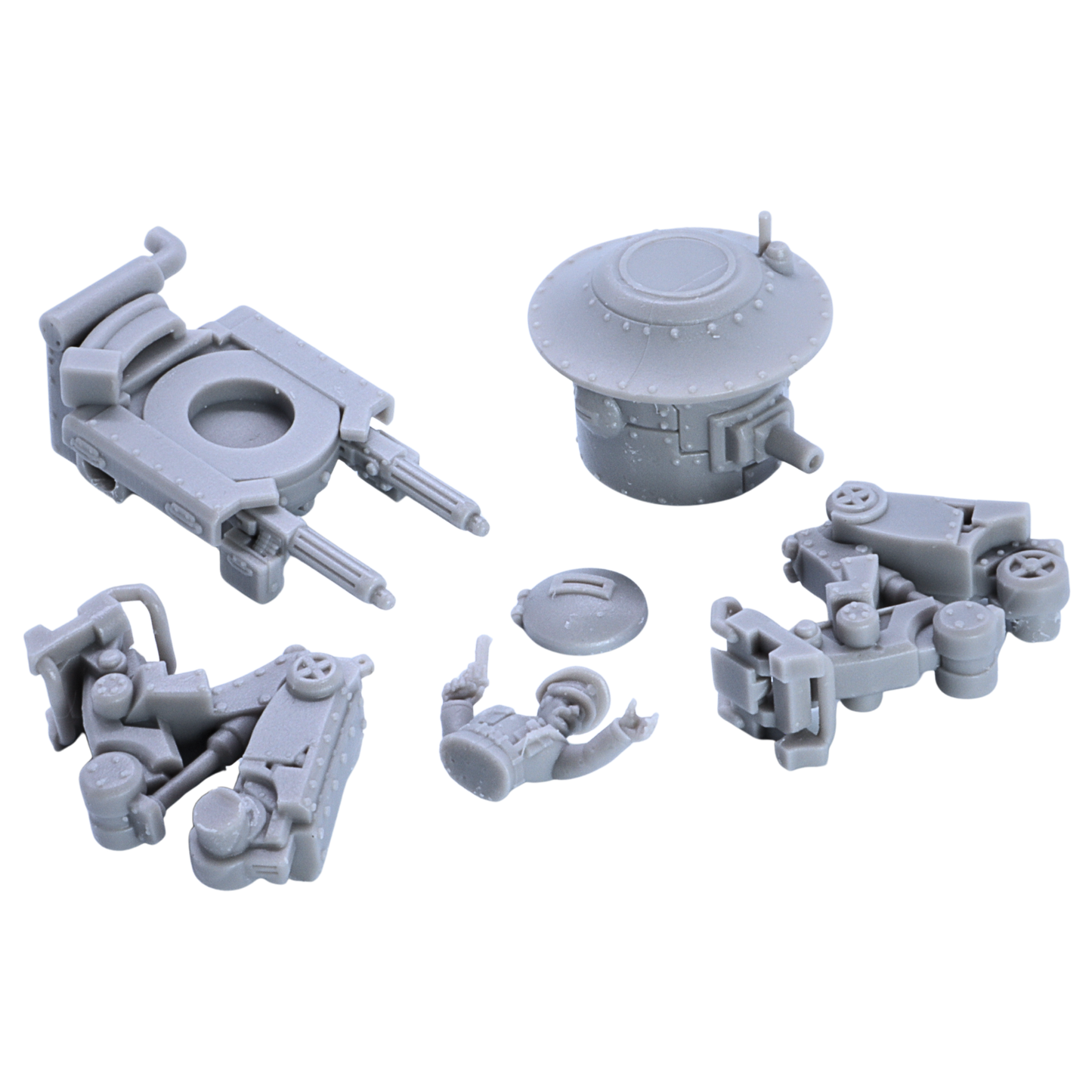 Unassembled resin parts for the British MK1 Sentinel Heavy Tank miniature, including body, legs, weapons, hatch, and commander.