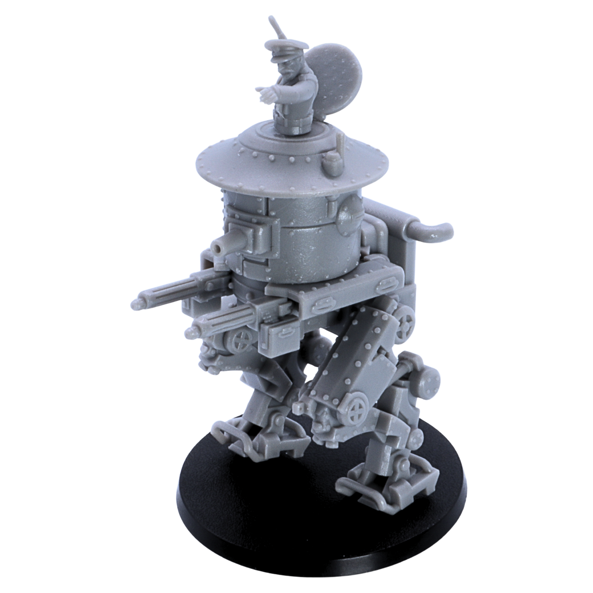 Unpainted British MK1 Sentinel Heavy Tank miniature shown from an angled front view with walking legs and mounted guns.