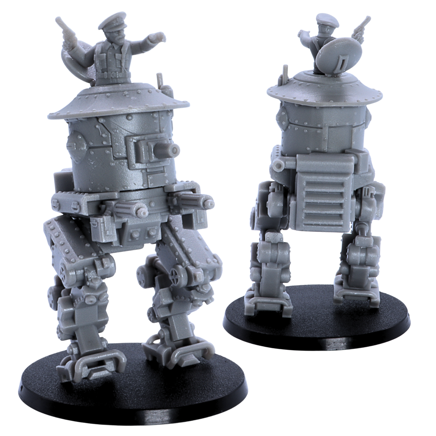 Unpainted British MK1 Sentinel Heavy Tank miniature showing front and rear views on a 60mm round base.