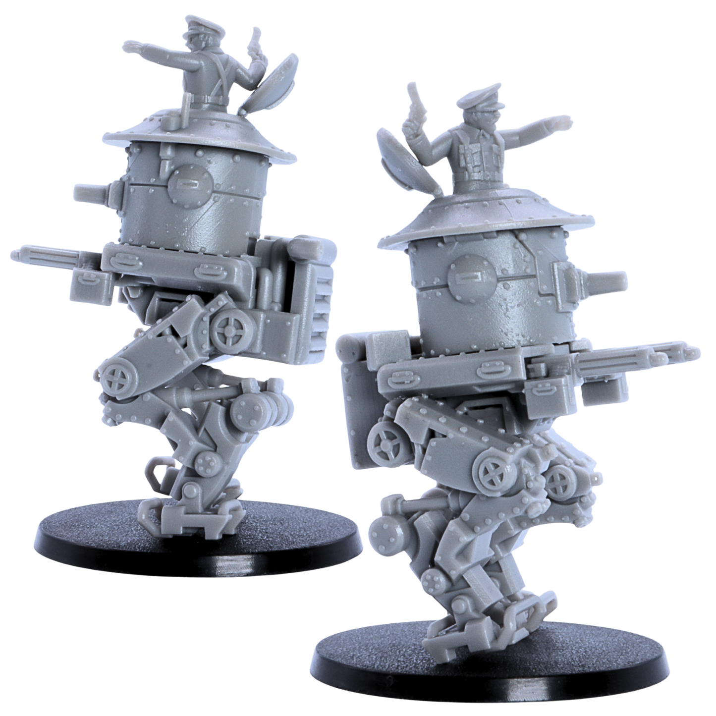 Unpainted British MK1 Sentinel Heavy Tank miniature showing side views with mechanical legs, riveted armor, and mounted weapons.