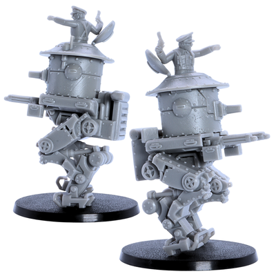Unpainted British MK1 Sentinel Heavy Tank miniature showing side views with mechanical legs, riveted armor, and mounted weapons.