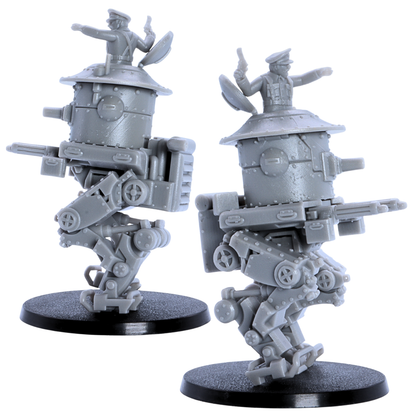 Unpainted British MK1 Sentinel Heavy Tank miniature showing side views with mechanical legs, riveted armor, and mounted weapons.
