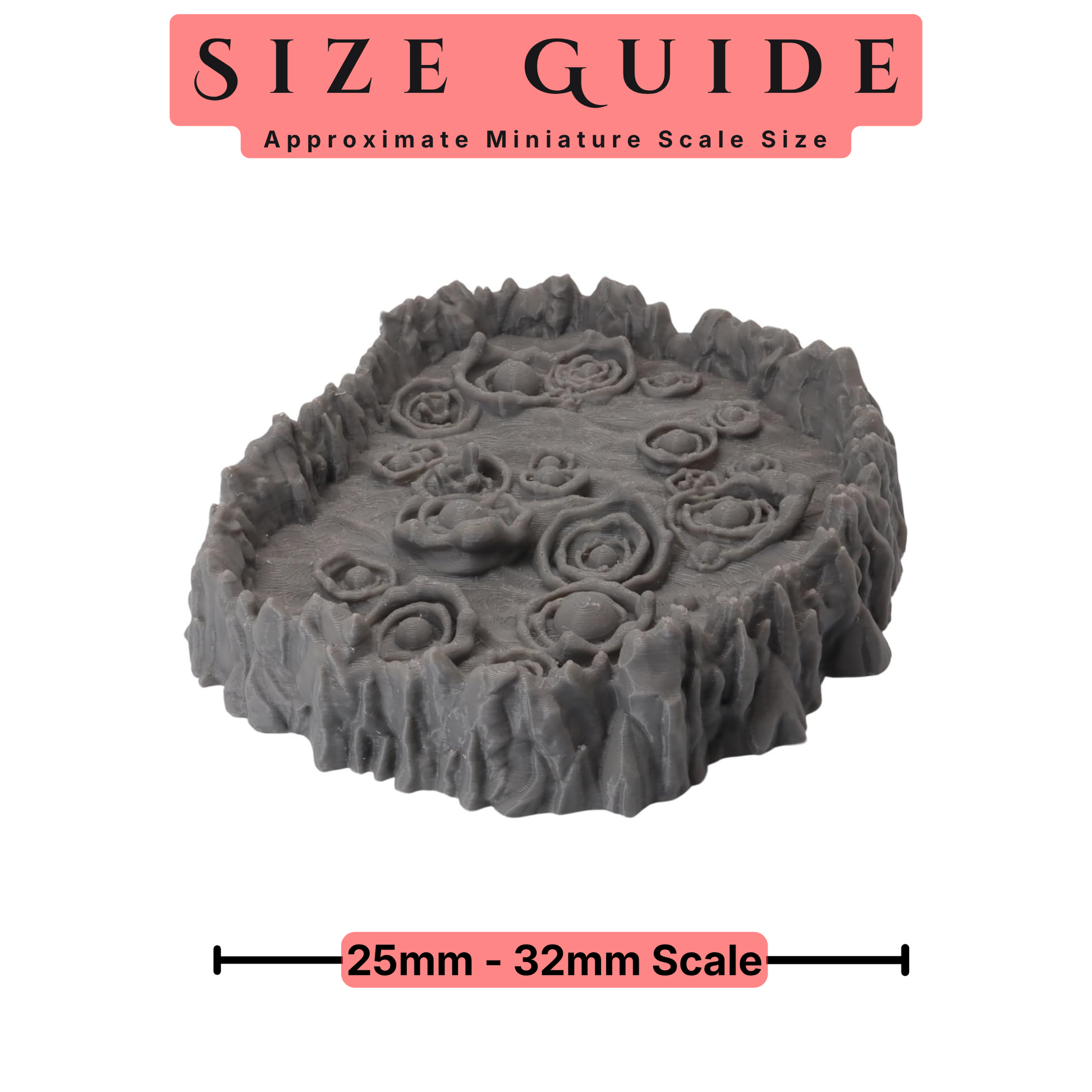 Bubbling Pits terrain size guide for 28mm to 32mm tabletop miniatures