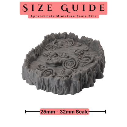 Bubbling Pits terrain size guide for 28mm to 32mm tabletop miniatures