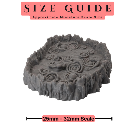 Bubbling Pits terrain size guide for 28mm to 32mm tabletop miniatures