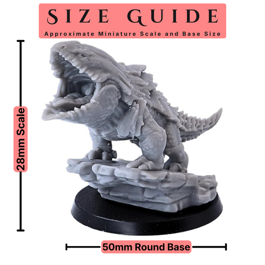 Bulette Shark miniature size guide showing 28mm scale and 50mm round base