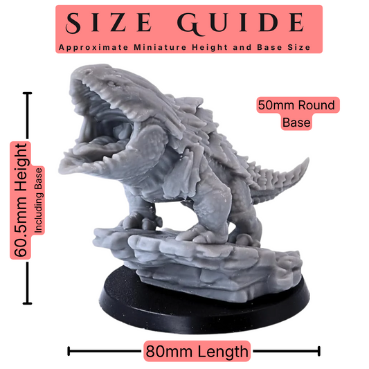 Bulette Shark set of 4 28mm scale miniature size guide showing an approximate 60.5mm height including base, 80mm length, and 50mm round base size.