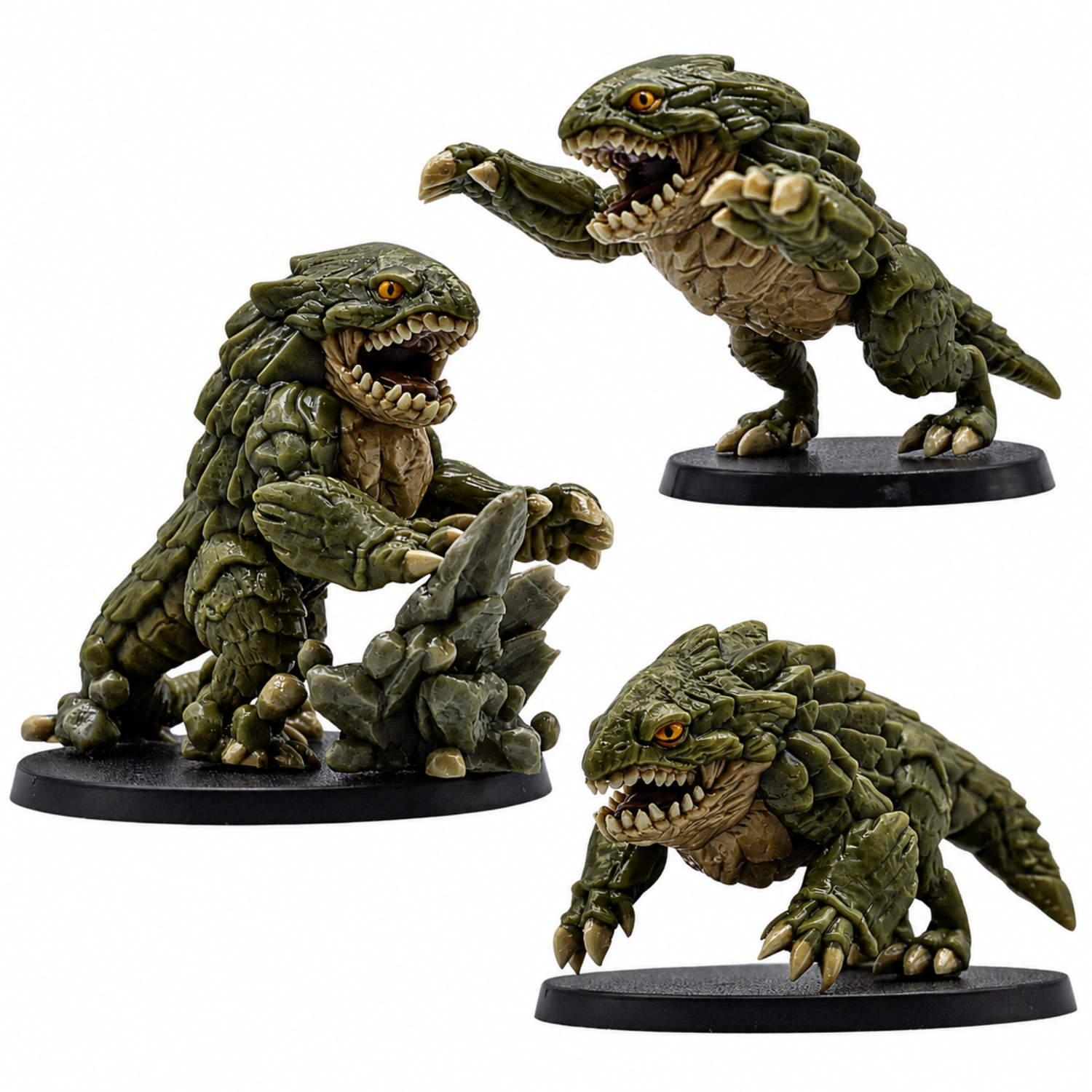 Painted example of three Bulette fantasy tabletop miniatures by Forged Path Miniatures for cavern encounters and wargaming.