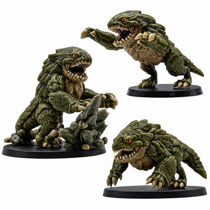 Painted example of three Bulette fantasy tabletop miniatures by Forged Path Miniatures for cavern encounters and wargaming.