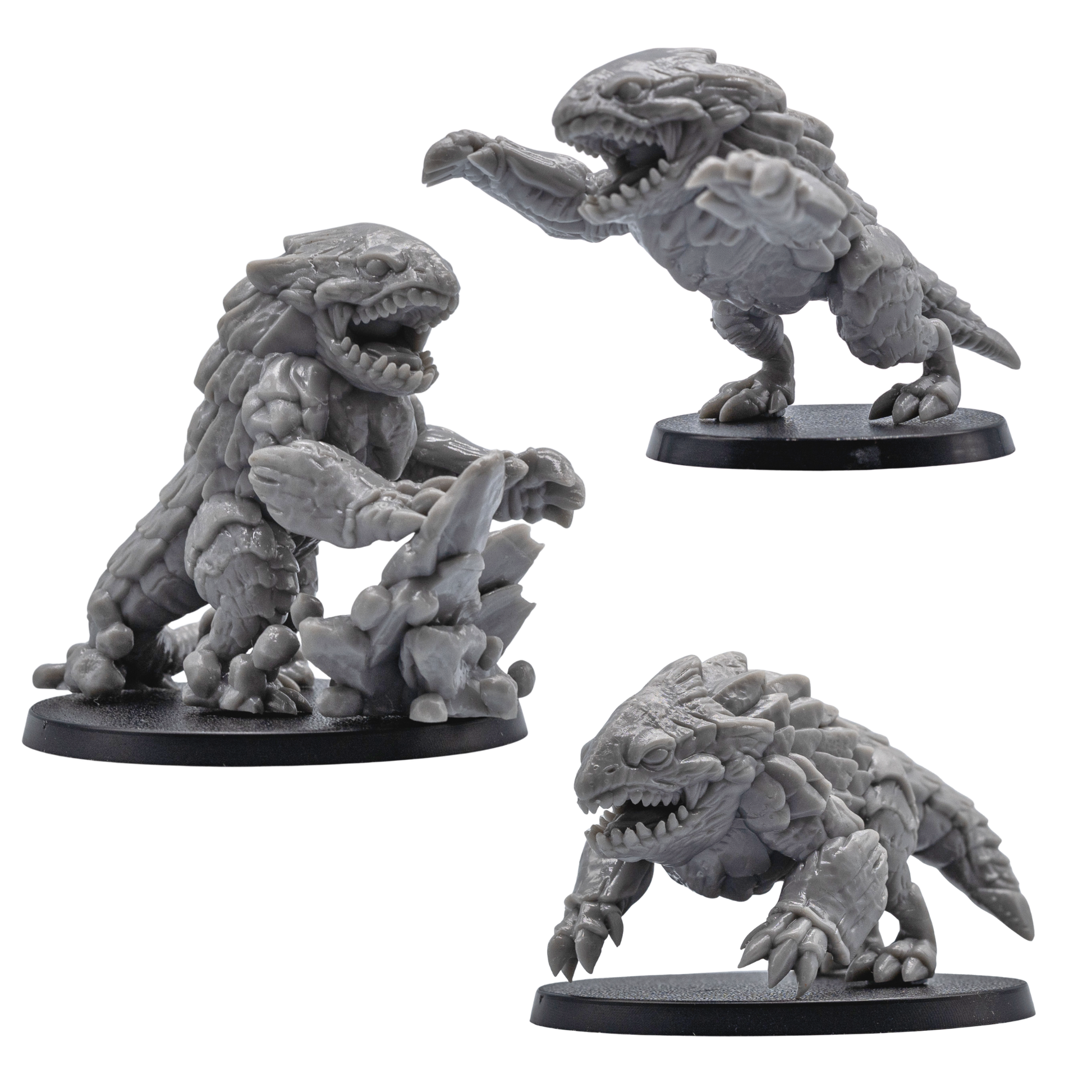 Side views of three unpainted Bulette resin miniatures by Forged Path Miniatures on 60mm round bases.