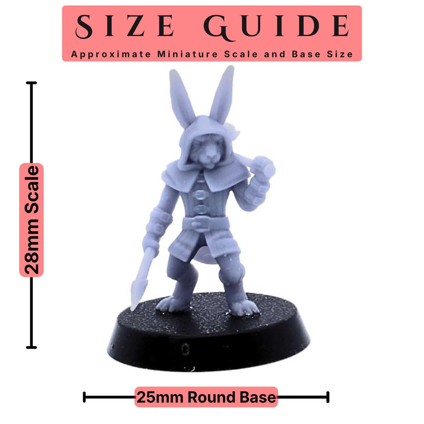 Bunny Army miniature size guide showing 28mm scale with 25mm round base