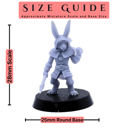 Bunny Army miniature size guide showing 28mm scale with 25mm round base