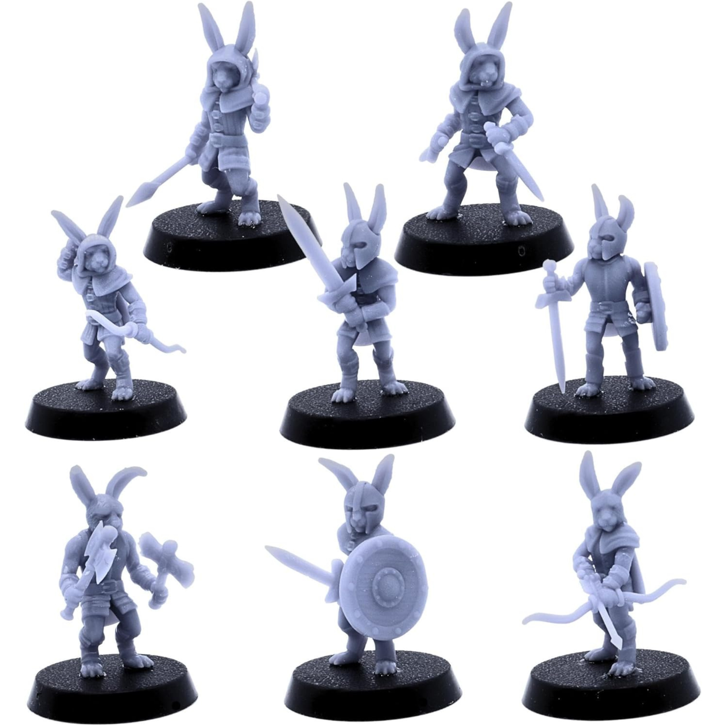 Eight unpainted Bunny Army fantasy rabbit warriors on 25mm round bases