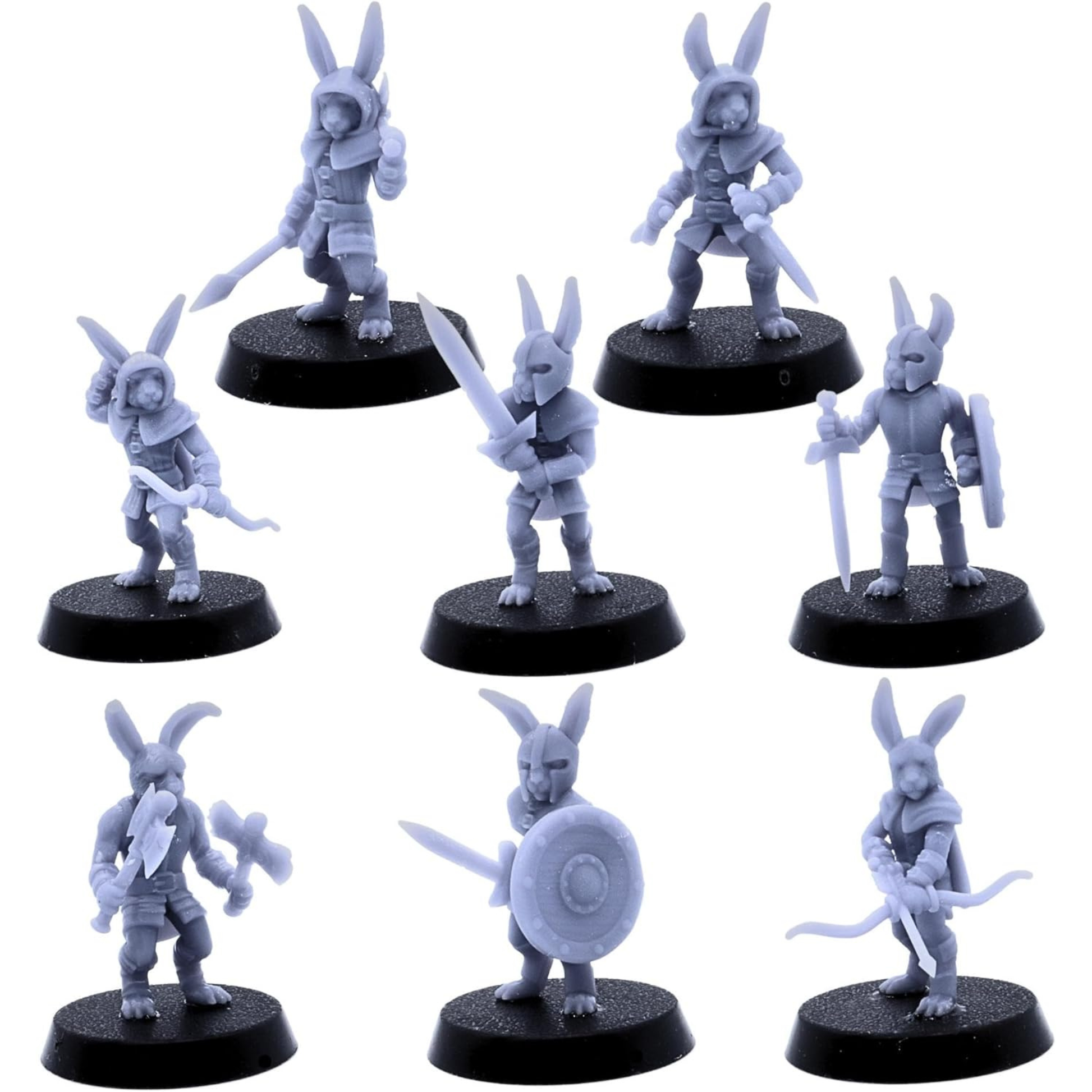Eight unpainted Bunny Army fantasy rabbit warriors on 25mm round bases